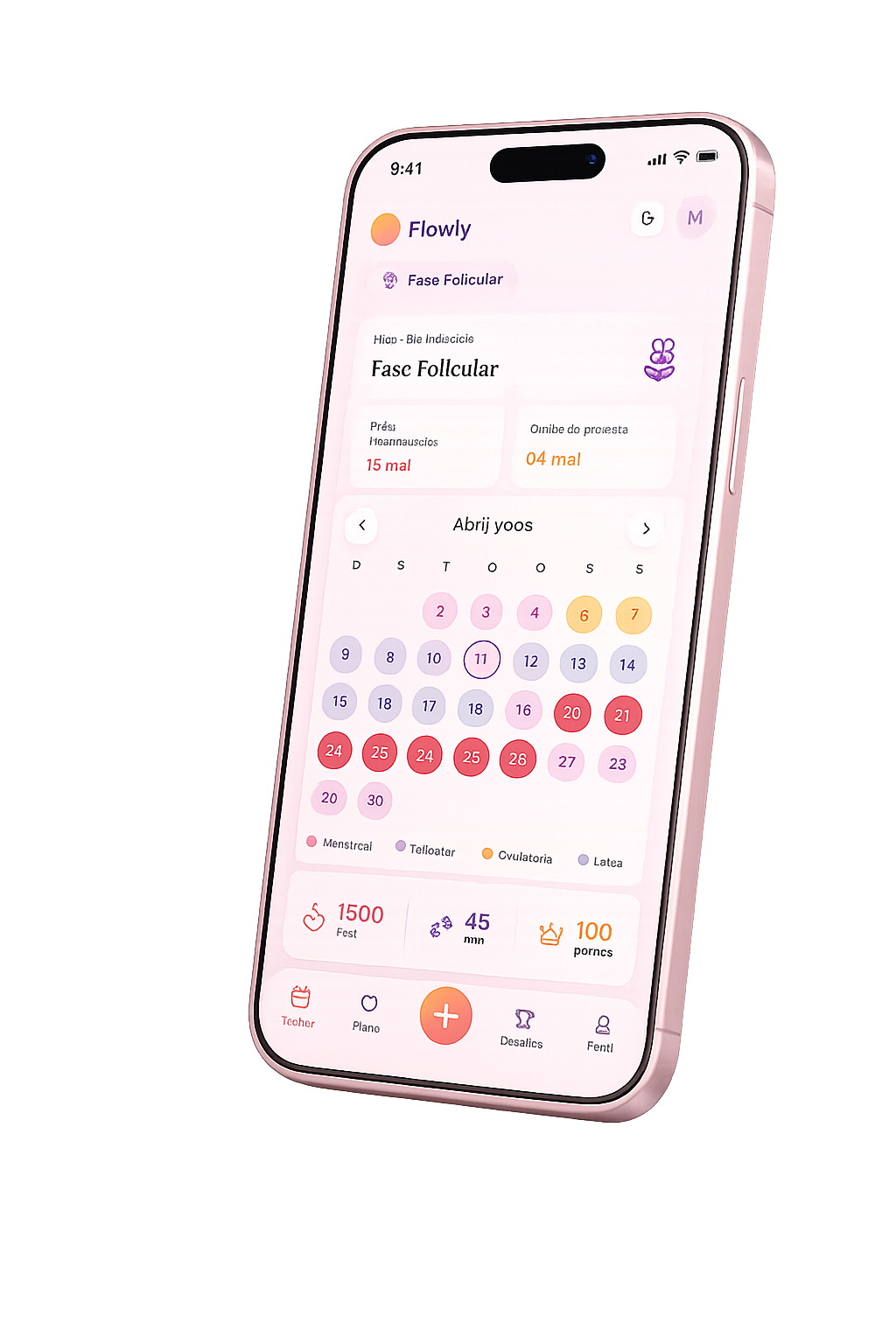 App Flowly aberto em um iPhone mostrando o calendário do ciclo